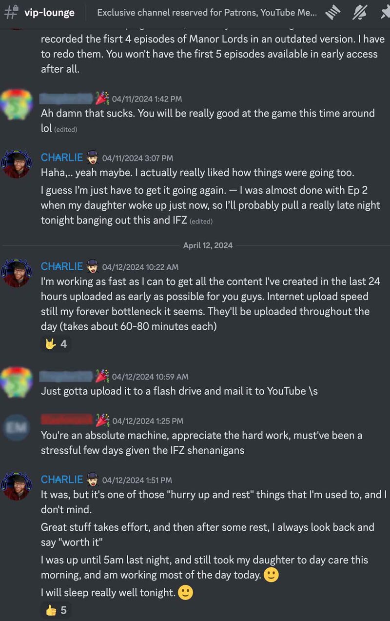 Screenshot of Charlie chatting with supporters in the Discord vip-lounge channel